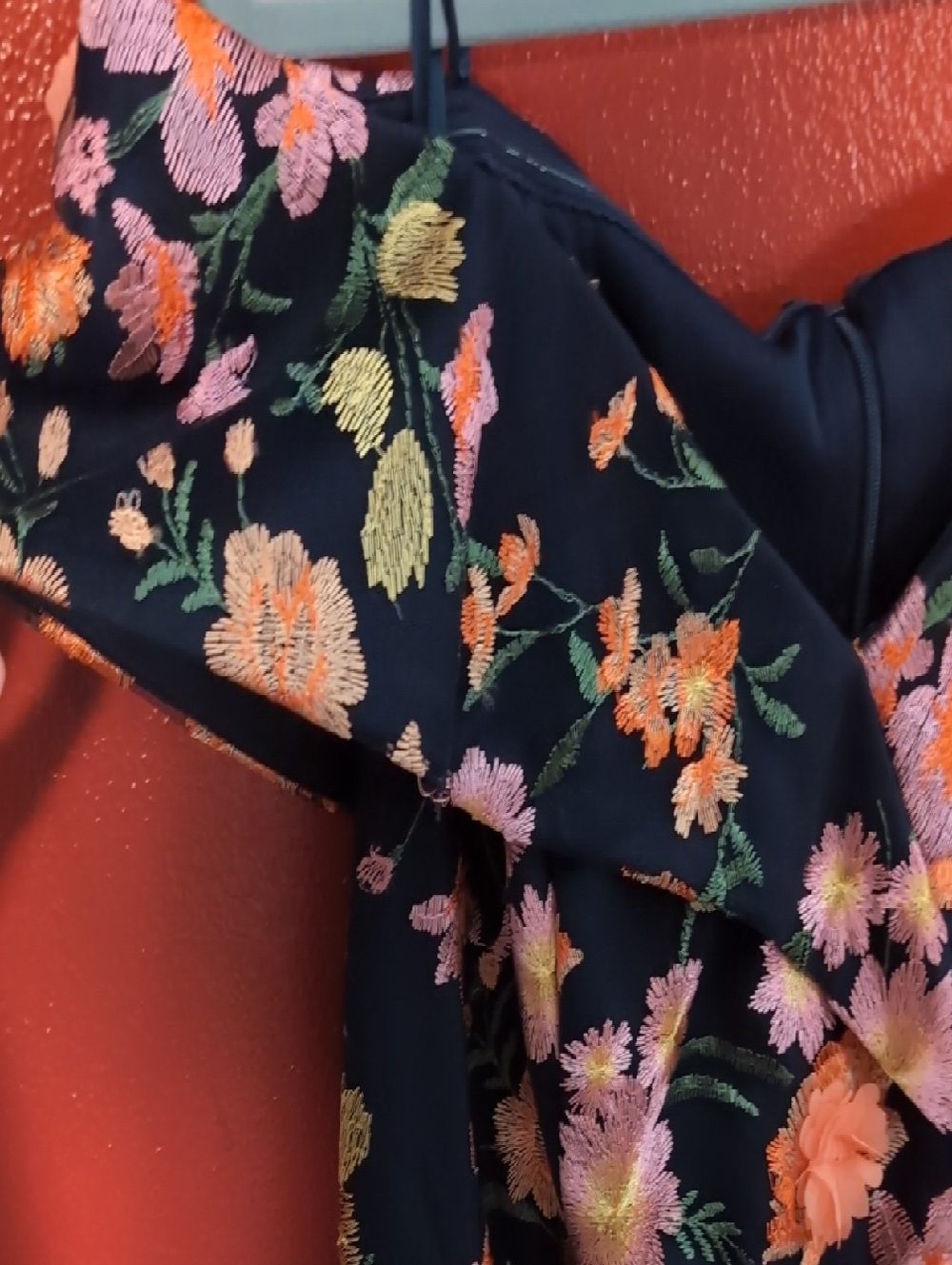 Xscape Navy Off-Shoulder Floral Dress with Pink and Coral Embroidery - Picture 3 of 5